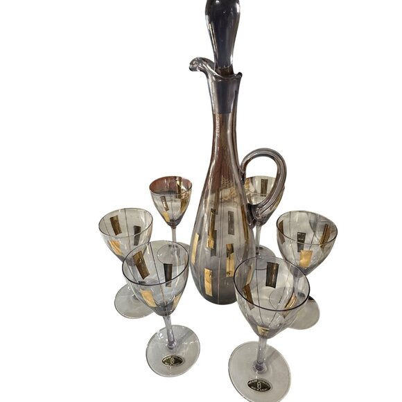 VTG Hand Blown Crystal Decanter 6 Glasses MCM 60’s Smoky Lavender Gold Hungary - Picture 3 of 12